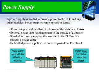 Power Supply
Apower supply is needed to provide power to the PLC and any
other modules. Power supplies come in various forms:
• Power supply modules that fit into one of the slots in a chassis
•External power supplies that mount to the outside of a chassis
•Stand alone power supplies that connect to the PLC or I/O
through a power cable
•Embedded power supplies that come as part of the PLC block.
 