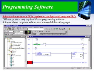 Programming Software
Software that runs on a PC is required to configure and program PLCs
Different products may require different programming software.
Software allows programs to be written in several different languages.
 