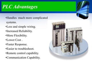 PLC Advantages
•Handles much more complicated
systems.
•Less and simple wiring.
•Increased Reliability.
•More Flexibility.
•Lower Cost .
•Faster Response.
•Easier to troubleshoot.
•Remote control capability.
•Communication Capability.
 