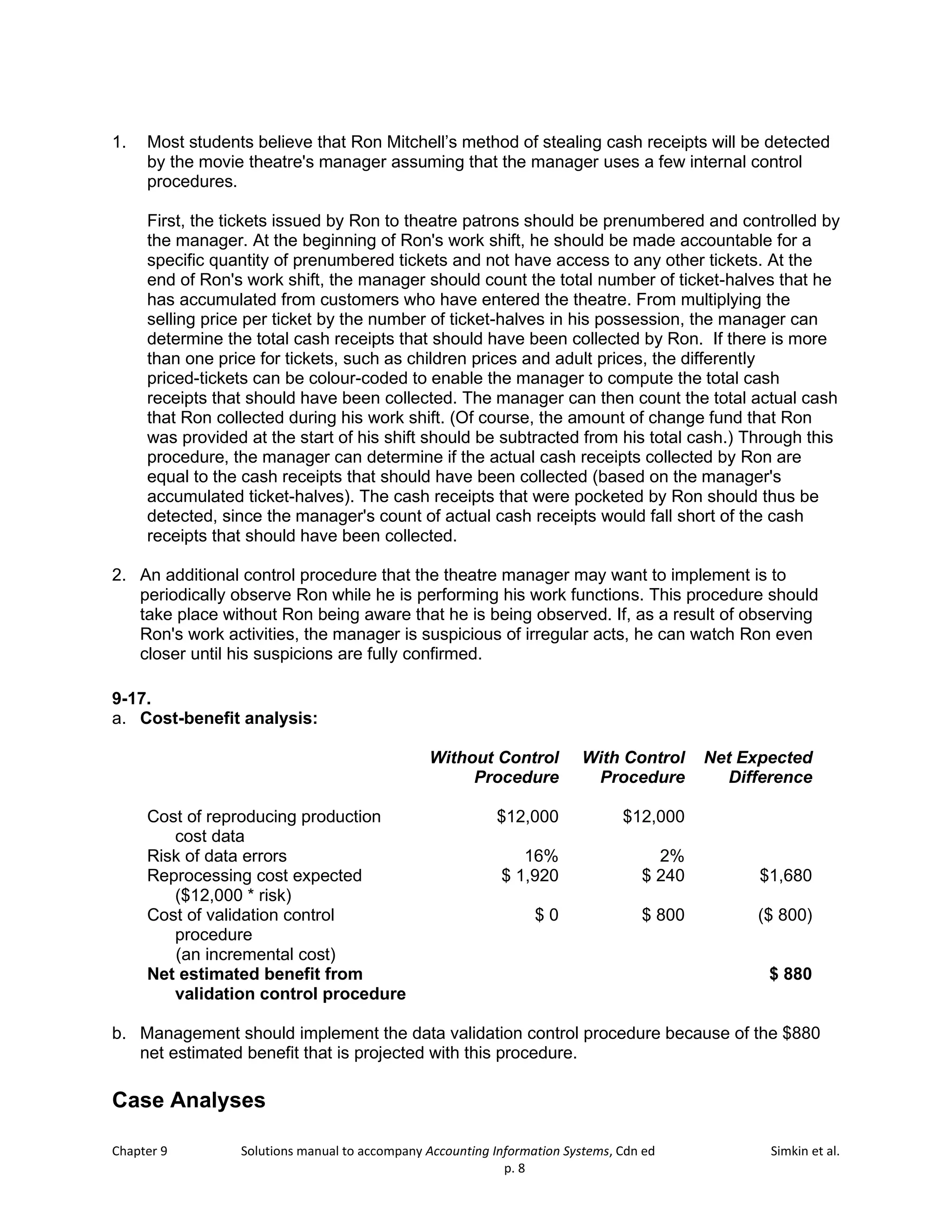 Chapter 9 Solutions manual to accompany Accounting Information Systems, Cdn ed Simkin et al.
p. 8
1. Most students believe that Ron Mitchell’s method of stealing cash receipts will be detected
by the movie theatre's manager assuming that the manager uses a few internal control
procedures.
First, the tickets issued by Ron to theatre patrons should be prenumbered and controlled by
the manager. At the beginning of Ron's work shift, he should be made accountable for a
specific quantity of prenumbered tickets and not have access to any other tickets. At the
end of Ron's work shift, the manager should count the total number of ticket-halves that he
has accumulated from customers who have entered the theatre. From multiplying the
selling price per ticket by the number of ticket-halves in his possession, the manager can
determine the total cash receipts that should have been collected by Ron. If there is more
than one price for tickets, such as children prices and adult prices, the differently
priced-tickets can be colour-coded to enable the manager to compute the total cash
receipts that should have been collected. The manager can then count the total actual cash
that Ron collected during his work shift. (Of course, the amount of change fund that Ron
was provided at the start of his shift should be subtracted from his total cash.) Through this
procedure, the manager can determine if the actual cash receipts collected by Ron are
equal to the cash receipts that should have been collected (based on the manager's
accumulated ticket-halves). The cash receipts that were pocketed by Ron should thus be
detected, since the manager's count of actual cash receipts would fall short of the cash
receipts that should have been collected.
2. An additional control procedure that the theatre manager may want to implement is to
periodically observe Ron while he is performing his work functions. This procedure should
take place without Ron being aware that he is being observed. If, as a result of observing
Ron's work activities, the manager is suspicious of irregular acts, he can watch Ron even
closer until his suspicions are fully confirmed.
9-17.
a. Cost-benefit analysis:
Without Control
Procedure
With Control
Procedure
Net Expected
Difference
Cost of reproducing production
cost data
$12,000 $12,000
Risk of data errors 16% 2%
Reprocessing cost expected
($12,000 * risk)
$ 1,920 $ 240 $1,680
Cost of validation control
procedure
(an incremental cost)
$ 0 $ 800 ($ 800)
Net estimated benefit from
validation control procedure
$ 880
b. Management should implement the data validation control procedure because of the $880
net estimated benefit that is projected with this procedure.
Case Analyses
 