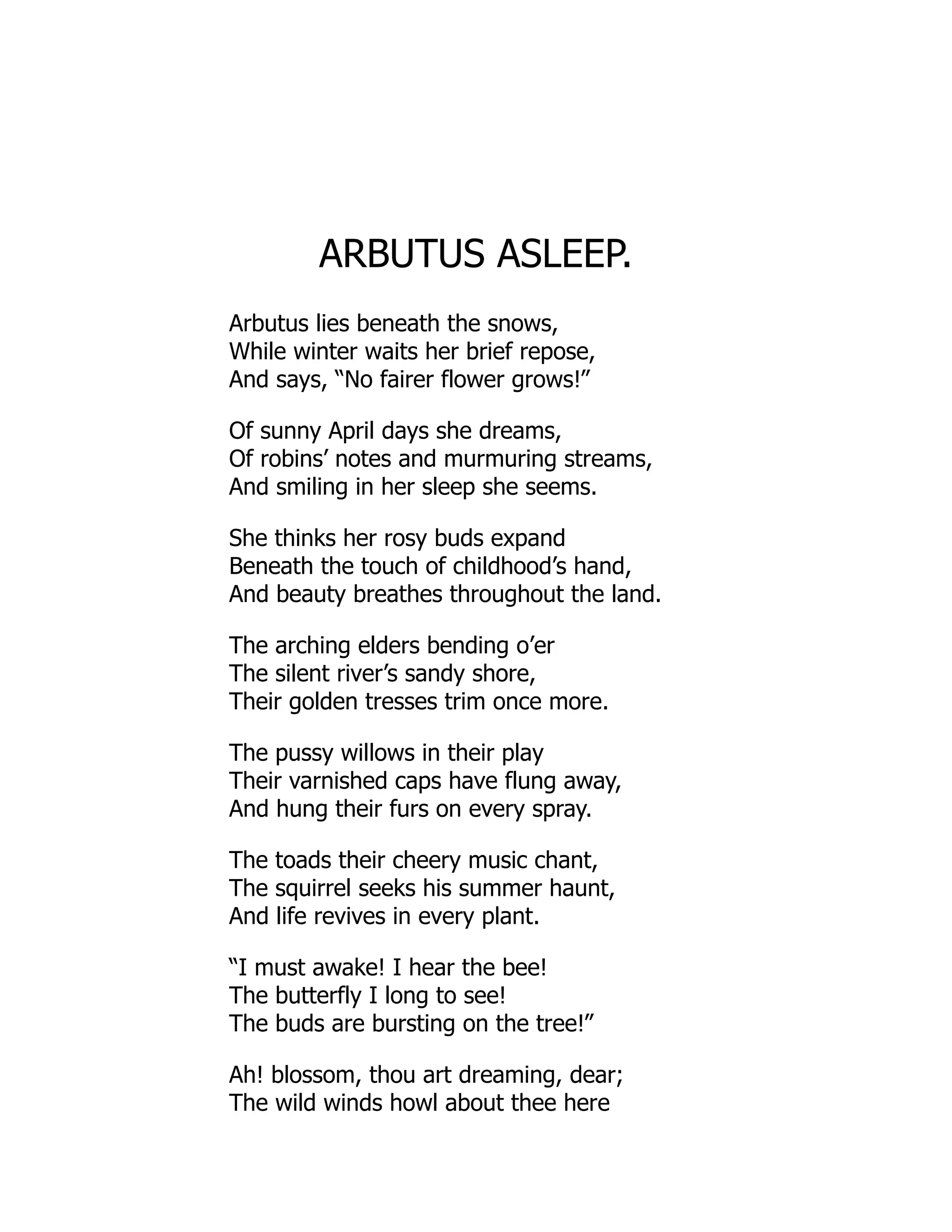 ARBUTUS ASLEEP.
Arbutus lies beneath the snows,
While winter waits her brief repose,
And says, “No fairer flower grows!”
Of sunny April days she dreams,
Of robins’ notes and murmuring streams,
And smiling in her sleep she seems.
She thinks her rosy buds expand
Beneath the touch of childhood’s hand,
And beauty breathes throughout the land.
The arching elders bending o’er
The silent river’s sandy shore,
Their golden tresses trim once more.
The pussy willows in their play
Their varnished caps have flung away,
And hung their furs on every spray.
The toads their cheery music chant,
The squirrel seeks his summer haunt,
And life revives in every plant.
“I must awake! I hear the bee!
The butterfly I long to see!
The buds are bursting on the tree!”
Ah! blossom, thou art dreaming, dear;
The wild winds howl about thee here
 