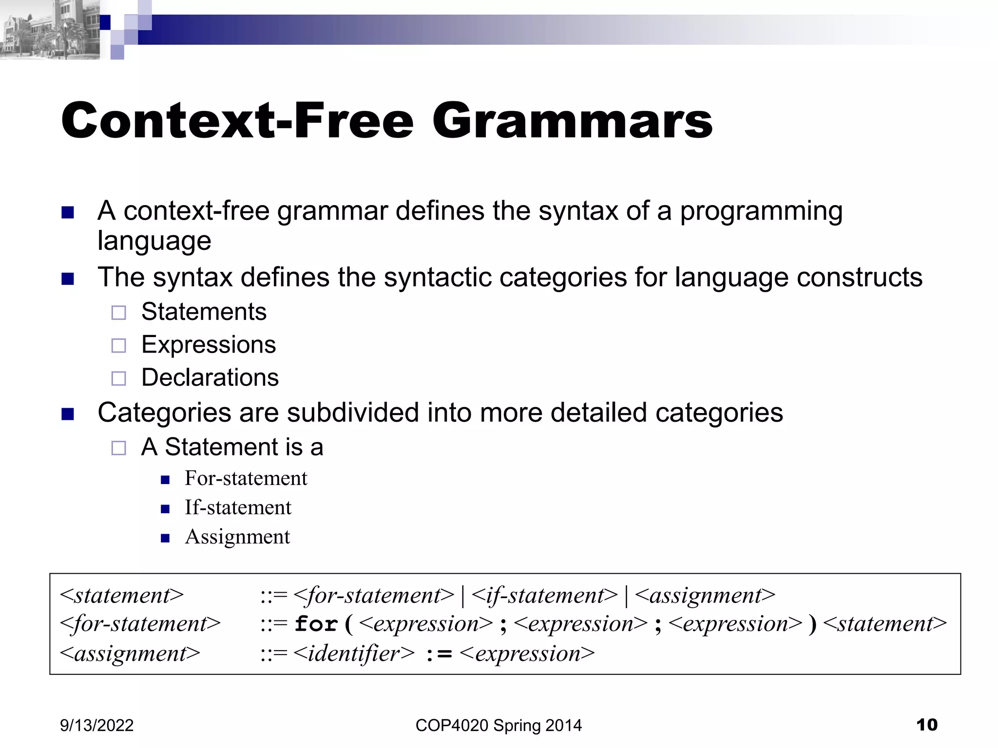COP4020 Spring 2014 10
9/13/2022
Context-Free Grammars
 A context-free grammar defines the syntax of a programming
language
 The syntax defines the syntactic categories for language constructs
 Statements
 Expressions
 Declarations
 Categories are subdivided into more detailed categories
 A Statement is a
 For-statement
 If-statement
 Assignment
<statement> ::= <for-statement> | <if-statement> | <assignment>
<for-statement> ::= for ( <expression> ; <expression> ; <expression> ) <statement>
<assignment> ::= <identifier> := <expression>
 
