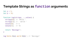 Template Strings as function arguments
let a = 5;
let b = 10;
function tag(strings, ...values) {
strings[0]; // ‘Hello ‘
strings[1]; // ‘ world ‘
values[0]; // 5
values[1]; // 10
return ‘Bazinga!’;
}
tag`Hello ${a} world ${b}`; // ‘Bazinga!’
 