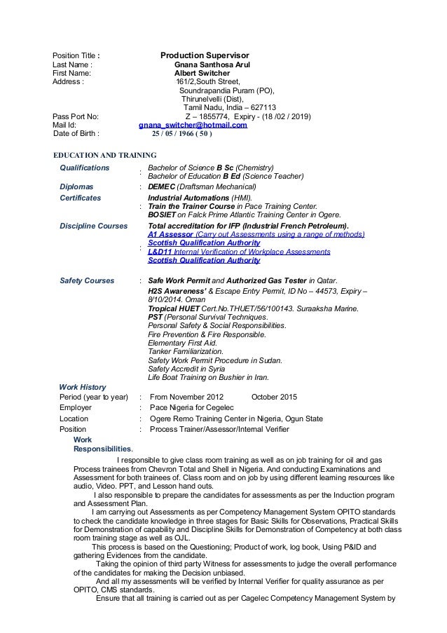 production supervisor resumes