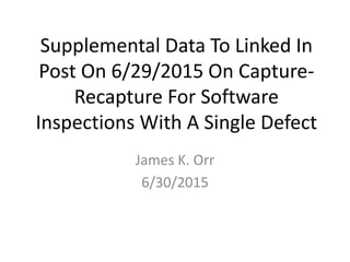 Supplemental Data To Linked In
Post On 6/29/2015 On Capture-
Recapture For Software
Inspections With A Single Defect
James K. Orr
6/30/2015
 