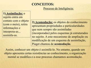 CONCEITOS:
Processo de Inteligência:
1) Assimilação: o
sujeito entra em
contato com o objeto
(com o meio), retira
informações e
interpreta-as...
assimila-as.
2) Acomodação: os objetos do conhecimento
apresentam propriedades e particularidades
que nem sempre são assimiladas
(incorporadas) pelos esquemas já estruturados
no sujeito. A este mecanismo de ampliação ou
modificação de um esquema de assimilação,
Piaget chamou de acomodação.
Assim, conhecer um objeto é assimilá-lo. No entanto, quando um
objeto apresenta certas resistências ao conhecimento, a organização
mental se modifica e a esse processo chamamos acomodação.
 
