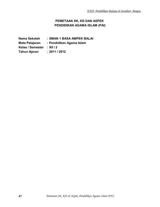KTSP Pendidikan Budaya & Karakter Bangsa
PEMETAAN SK, KD DAN ASPEK
PENDIDIKAN AGAMA ISLAM (PAI)
Nama Sekolah : SMAN 1 BASA AMPEK BALAI
Mata Pelajaran : Pendidikan Agama Islam
Kelas / Semester : XII / 2
Tahun Ajaran : 2011 / 2012
Pemetaan SK, KD & Aspek, Pendidikan Agama Islam (PAI)47
 