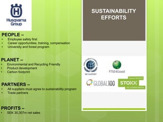 SUSTAINABILITY
EFFORTS
PEOPLE –
• Employee safety first
• Career opportunities, training, compensation
• University and forest program
PLANET –
• Environmental and Recycling Friendly
• Product development
• Carbon footprint
PARTNERS –
• All suppliers must agree to sustainability program
• Trade partners
PROFITS –
• SEK 30,307m net sales
 