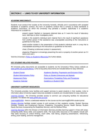10
SECTION C – LINKS TO KEY UNIVERSITY INFORMATION
ACADEMIC MISCONDUCT
Students must conduct their studies at the University honestly, ethically and in accordance with accepted
standards of academic conduct. Any form of academic conduct that is contrary to these standards is
academic misconduct, for which the University may penalise a student. Specifically it is academic
misconduct for a student to:
present copied, falsified or improperly obtained data as if it were the result of laboratory
work, field trips or other investigatory work;
include in the student's individual work material that is the result of significant assistance
from another person if that assistance was unacceptable according to the instructions or
guidelines for that work;
assist another student in the presentation of that student's individual work in a way that is
unacceptable according to the instructions or guidelines for that work;
cheat; (Cheating is dishonest conduct in assessment);
plagiarise (Plagiarism is knowingly presenting the work or property of another person as if it
were one's own.)
Visit the University’s Policy on Academic Misconduct for further details.
KEY STUDENT-RELATED POLICIES
All University policy documents are accessible to students via the University’s Policy Library website at:
www.griffith.edu.au/policylibrary. Links to key policy documents are included below for easy reference:
Student Charter Academic Standing, Progression and Exclusion Policy
Student Administration Policy Policy on Student Grievances and Appeals
Assessment Policy Examinations Timetabling Policy and Procedures
Academic Calendar Guideline on Student E-Mail
UNIVERSITY SUPPORT RESOURCES
The University provides many facilities and support services to assist students in their studies. Links to
information about University support resources available to students are included below for easy reference:
Learning Centres - the University provides access to common use computing facilities for educational
purposes. For details visit www.griffith.edu.au/cuse
Learning@Griffith - there is a dedicated website for this course via the Learning@Griffith student portal.
Student Services facilitate student access to and success at their academic studies. Student Services
includes: Careers and Employment Service; Chaplaincy; Counselling Service; Health Service; Student
Equity Services (incorporating the Disabilities Service); and the Welfare Office.
Learning Services within the Division of Information Services provides learning support in three skill areas:
computing skills; library skills; and academic skills. The study skills resources on the website include self-
help tasks focusing on critical thinking, exam skills, note taking, preparing presentations, referencing,
writing, proof reading, and time management.
 