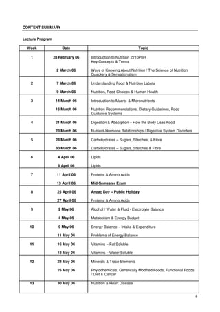 4
CONTENT SUMMARY
Lecture Program
Week Date Topic
1 28 February 06
2 March 06
Introduction to Nutrition 2210PBH
Key Concepts & Terms
Ways of Knowing About Nutrition / The Science of Nutrition
Quackery & Sensationalism
2 7 March 06
9 March 06
Understanding Food & Nutrition Labels
Nutrition, Food Choices & Human Health
3 14 March 06
16 March 06
Introduction to Macro- & Micronutrients
Nutrition Recommendations, Dietary Guidelines, Food
Guidance Systems
4 21 March 06
23 March 06
Digestion & Absorption – How the Body Uses Food
Nutrient-Hormone Relationships / Digestive System Disorders
5 28 March 06
30 March 06
Carbohydrates – Sugars, Starches, & Fibre
Carbohydrates – Sugars, Starches & Fibre
6 4 April 06
6 April 06
Lipids
Lipids
7 11 April 06
13 April 06
Proteins & Amino Acids
Mid-Semester Exam
8 25 April 06
27 April 06
Anzac Day – Public Holiday
Proteins & Amino Acids
9 2 May 06
4 May 05
Alcohol / Water & Fluid - Electrolyte Balance
Metabolism & Energy Budget
10 9 May 06
11 May 06
Energy Balance – Intake & Expenditure
Problems of Energy Balance
11 16 May 06
18 May 06
Vitamins – Fat Soluble
Vitamins – Water Soluble
12 23 May 06
25 May 06
Minerals & Trace Elements
Phytochemicals, Genetically Modified Foods, Functional Foods
/ Diet & Cancer
13 30 May 06 Nutrition & Heart Disease
 