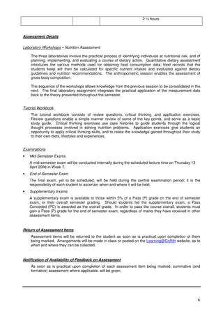6
2 ½ hours
Assessment Details
Laboratory Workshops – Nutrition Assessment
The three laboratories involve the practical process of identifying individuals at nutritional risk, and of
planning, implementing, and evaluating a course of dietary action. Quantitative dietary assessment
introduces the various methods used for obtaining food consumption data; food records that the
students keep will then be calculated for specific nutrient intakes and evaluated against dietary
guidelines and nutrition recommendations. The anthropometric session enables the assessment of
gross body composition.
The sequence of the workshops allows knowledge from the previous session to be consolidated in the
next. The final laboratory assignment integrates the practical application of the measurement data
back to the theory presented throughout the semester.
Tutorial Workbook
The tutorial workbook consists of review questions, critical thinking, and application exercises.
Review questions enable a simple manner review of some of the key points, and serve as a basic
study guide. Critical thinking exercises use case histories to guide students through the logical
thought processes involved in solving nutrition problems. Application exercises give students an
opportunity to apply critical thinking skills, and to relate the knowledge gained throughout their study
to their own diets, lifestyles and experiences.
Examinations
• Mid-Semester Exams
A mid-semester exam will be conducted internally during the scheduled lecture time on Thursday 13
April 2006 in Week 7.
• End of Semester Exam
The final exam, yet to be scheduled, will be held during the central examination period; it is the
responsibility of each student to ascertain when and where it will be held.
• Supplementary Exams
A supplementary exam is available to those within 5% of a Pass (P) grade on the end of semester
exam, or their overall semester grading. Should students fail the supplementary exam, a Pass
Conceded (PC) is awarded as the overall grade. In order to pass the course overall, students must
gain a Pass (P) grade for the end of semester exam, regardless of marks they have received in other
assessment items.
Return of Assessment Items
Assessment items will be returned to the student as soon as is practical upon completion of them
being marked. Arrangements will be made in class or posted on the Learning@Griffith website, as to
when and where they can be collected.
Notification of Availability of Feedback on Assessment
As soon as is practical upon completion of each assessment item being marked, summative (and
formative) assessment where applicable, will be given.
 