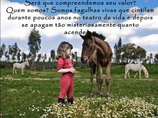 Será que compreendemos seu valor?
Quem somos? Somos fagulhas vivas que cintilam
durante poucos anos no teatro da vida e depois
    se apagam tão misteriosamente quanto
                 acenderam
 