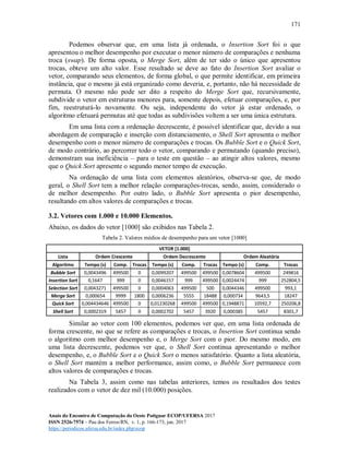 171
Anais do Encontro de Computação do Oeste Potiguar ECOP/UFERSA 2017
ISSN 2526-7574 – Pau dos Ferros/RN, v. 1, p. 166-173, jun. 2017
https://periodicos.ufersa.edu.br/index.php/ecop
Podemos observar que, em uma lista já ordenada, o Insertion Sort foi o que
apresentou o melhor desempenho por executar o menor número de comparações e nenhuma
troca (swap). De forma oposta, o Merge Sort, além de ter sido o único que apresentou
trocas, obteve um alto valor. Esse resultado se deve ao fato do Insertion Sort avaliar o
vetor, comparando seus elementos, de forma global, o que permite identificar, em primeira
instância, que o mesmo já está organizado como deveria, e, portanto, não há necessidade de
permuta. O mesmo não pode ser dito a respeito do Merge Sort que, recursivamente,
subdivide o vetor em estruturas menores para, somente depois, efetuar comparações, e, por
fim, reestruturá-lo novamente. Ou seja, independente do vetor já estar ordenado, o
algoritmo efetuará permutas até que todas as subdivisões voltem a ser uma única estrutura.
Em uma lista com a ordenação decrescente, é possível identificar que, devido a sua
abordagem de comparação e inserção com distanciamento, o Shell Sort apresenta o melhor
desempenho com o menor número de comparações e trocas. Os Bubble Sort e o Quick Sort,
de modo contrário, ao percorrer todo o vetor, comparando e permutando (quando preciso),
demonstram sua ineficiência – para o teste em questão – ao atingir altos valores, mesmo
que o Quick Sort apresente o segundo menor tempo de execução.
Na ordenação de uma lista com elementos aleatórios, observa-se que, de modo
geral, o Shell Sort tem a melhor relação comparações-trocas, sendo, assim, considerado o
de melhor desempenho. Por outro lado, o Bubble Sort apresenta o pior desempenho,
resultando em altos valores de comparações e trocas.
3.2. Vetores com 1.000 e 10.000 Elementos.
Abaixo, os dados do vetor [1000] são exibidos nas Tabela 2.
Tabela 2. Valores médios de desempenho para um vetor [1000]
VETOR [1.000]
Lista Ordem Crescente Ordem Decrescente Ordem Aleatória
Algoritmo Tempo (s) Comp. Trocas Tempo (s) Comp. Trocas Tempo (s) Comp. Trocas
Bubble Sort 0,0043496 499500 0 0,0099207 499500 499500 0,0078604 499500 249816
Insertion Sort 0,1647 999 0 0,0046157 999 499500 0,0024474 999 252804,5
Selection Sort 0,0043271 499500 0 0,0004063 499500 500 0,0044346 499500 993,1
Merge Sort 0,000654 9999 1800 0,0006236 5555 18488 0,000734 9643,5 18247
Quick Sort 0,004434646 499500 0 0,01230268 499500 499500 0,1948871 10592,7 250206,8
Shell Sort 0,0002319 5457 0 0,0002702 5457 3920 0,000385 5457 8301,7
Similar ao vetor com 100 elementos, podemos ver que, em uma lista ordenada de
forma crescente, no que se refere as comparações e trocas, o Insertion Sort continua sendo
o algoritmo com melhor desempenho e, o Merge Sort com o pior. Do mesmo modo, em
uma lista decrescente, podemos ver que, o Shell Sort continua apresentando o melhor
desempenho, e, o Bubble Sort e o Quick Sort o menos satisfatório. Quanto a lista aleatória,
o Shell Sort mantém a melhor performance, assim como, o Bubble Sort permanece com
altos valores de comparações e trocas.
Na Tabela 3, assim como nas tabelas anteriores, temos os resultados dos testes
realizados com o vetor de dez mil (10.000) posições.
 