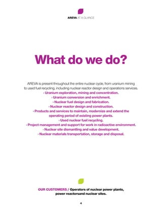 AREVA AT A GLANCE
4
What do we do?
AREVA is present throughout the entire nuclear cycle, from uranium mining
to used fuel recycling, including nuclear reactor design and operations services.
› Uranium exploration, mining and concentration.
› Uranium conversion and enrichment.
› Nuclear fuel design and fabrication.
› Nuclear reactor design and construction.
› Products and services to maintain, modernize and extend the
operating period of existing power plants.
› Used nuclear fuel recycling.
› Project management and support for work in radioactive environment.
› Nuclear site dismantling and value development.
› Nuclear materials transportation, storage and disposal.
Our customers / Operators of nuclear power plants,
power reactorsand nuclear sites.
 