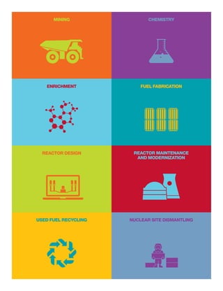 Mining
reactor design
enrichment
chemistry
used fuel recycling
fuel fabrication
nuclear site dismantling
reactor maintenance
and modernization
 