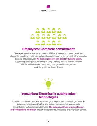 AREVA AT A GLANCE
8
Employees: Complete commitment
The expertise of the women and men at AREVA is recognized by our customers
all over the world and contributes to the value and strength of our group. It is the key to the
success of our recovery. We seek to preserve this asset by building talent,
supporting career paths, fostering mobility, diversity and the spirit of initiative.
AREVA is committed to supporting change, social dialogue and
work life quality for its employees.
Innovation: Expertise in cutting-edge
technologies
To support its development, AREVA is strengthening innovation by forging closer links
between marketing and R&D and by being more selective in programs to
differentiate its technologies and services. The group continues to promote open
and collaborative innovation through idea platforms, incubators and innovation centers.
 