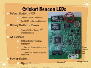 Cricket Beacon LEDs <ul><li>Debug Switch = UP </li></ul><ul><ul><li>Green LED = Transmit </li></ul></ul><ul><ul><li>Red LE...