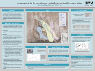 Assessment of the Buckhorn Canyon Landslide, Beaver Head Mountains, Idaho
Sara Ramos, Barry Miller, Julie Willis Ph. D.
Map
Map
45
24
27
Re-Activated
Area
Slide A
Slide B
Slide C
Head Wall
Structure
0 m 150 m
Figure 4. This graph by Wells and Coppersmith (1994) show the relationship between falt rupture
lenght and magnitude of earthquake. The magnitude of the ground acceleration is shown by the
red line. This indicates a rupture length of 30 km.
Contour lines indicate Slide B is the oldest slide. Areas where Slide B
should continue are cut-off by Lobe C. Slide B supports more re-activa-
tion areas than the other Lobes. This supports the hypothesis that Slide
B is older. If all slides failed due to the same event Slide B would have
flowed first followed closely by Slide A and C.
Lobe Relative Age
The strike and dip datum (map) indicates folding in the headwall. This is
likely associated with the Sevier Orogeny (approximately 140 Ma - 50 Ma).
The folding may have fractured the rocks creating a failure point. Further
research is needed to confirm fractures and folding in the headwall.
Head Wall Structure
The factor of safety calculates the structural capacity of the landslide.
This calculation is used to determine cause of failure. The study area is
composed of three main slides. I calculated the factor of safety for each
slide. (“Rock Slope Stability Analysis”2014).
Table 1 shows the amount of water required to cause failure is
impossible. The determining factor for failure was ground acceleration.
This ground acceleration converts to a 6-7 moment magnitude
earthquake.
Wells and Coppersmith (1994) indicate that a moment magnitude of
6-7 is caused by a 30 km rupture length for a normal fault (Figure 4). The
Beaverhead fault is approximately 28 km in length (location indicated on
index map). The fault is located 5.5 km from the landslide. Age estimates
for the Beaverhead fault are Holocene to 30 ka (Haller, et. Al 2010).
Further study is needed for more precise dating.
Figure 3. Factor of Safety calculates the
structural capacity of a landslide.
c = cohesive strenght of failure surface
A = area of failure surface
W = weight of sliding block
a = horizontal acceleration
= inclination of failure plane
U = uplift water force
V = driving water force
[W(sin + a cos ) + V cos ]
FS =
{cA+[W(cos - a sin ) - U - V sin ]tan }
Factor of Safety
Fault Failure
Factor of Safety Ground Acceleration Water Level (ft)
Slide A 1.55 0.147 8770
Slide B 1.45 0.129 18085
Slide C 1.65 0.165 12338
Table 1. This table shows the values for calculated Factor of Safety, Ground Acceleration, and Water Level. Because
the landslide was less than 200 ft deep this water level is impossible to reach.
References
“Rock Slope Stability Analysis.”2014. Scribd. Accessed December 8. https://www.scribd.com/doc/37466746/Rock-Slope-Stability-Analysis.
Haller, K.M., and Wheeler, R.L., and Adema, G.W., compilers, 2010, Fault number 603e, Beaverhead fault, Nicholia section, in Quaternary fault and fold database of the United States: U.S. Geological Survey website, http://earthquakes.usgs.gov/hazards/qfaults,
accessed 12/07/2014 09:27 PM.
Wells, Donald L., and Kevin J. Coppersmith. 1994.“New Empirical Relationships among Magnitude, Rupture Length, Rupture Width, Rupture Area, and Surface Displacement.”Bulletin of the Seismological Society of America 84 (4): 974–1002.
Gutenberg, B., and Richter, C.F. Seismicity of the Earth and Associated Phenomena (Princeton, New Jersey: Princeton University Press, 1954), p. 18; and U.S. Department of Defense. The Effects of Nuclear Weapons (Washington, D.C.: S. Glasstone ed., Govern
ment Printing Office, 1962); pp. 14.
Conclusion
Folding in the headwall fractured the rock creating a point of failure. Slope
failure was caused by the rupture of The Beaverhead fault approximately 1
ka – 30 ka. This rupture produced an earthquake of moment magnitude
6.5-7. Contour data suggests Slide B was the first to fail followed closely by
Slide A and Slide C. All slides could have been activated by a single seismic
event or multiple events.
Further Research:
Further Research is needed to determine relative or absolute age of Slides.
Dating material collected from each slide would provide an absolute date for
each slide. Trenching the Beaverhead fault would provide a relative date for
seismic event.
Additional strike and dip data is needed for a better interpretation of Head-
wall Structure.
Abstract
Landslides can cause property damage, injury, and loss of life. It is
important to understand development of slides because of the associated
hazards. Slide progression is best observed in areas that have not had
human development. The Buckhorn Canyon slide is not affected by
human development. A study of the cause, movement, and reactivation
of the slide is feasible. Studying movement and reactivation leads to
better slide prediction. An assessment of uninhabited, pre-historic slides
provides an opportunity to understand new slides affecting human
developed areas. Slide assessments help produce effective preventative
action plans.
Map
The base map is a DEM made from the data collected through USGS,
The National Map Viewer. The resolution of the DEM is 1/3 arc-second.
This provides a basic representation of the study area. A slope raster and
detailed contours were derived from the DEM in ArcGIS. These were used
to estimate different lobe locations.
Headwall Structure
Data taken at the site included strike and dip information (map) of
headwall and rock samples. Headwall structure was inferred from strike
and dip data.
Lobe Estimates
Lobes were determined by a change in elevation. Each lobe is
classified by a steep headwall, foot, and side. A contour map showed
three main slides located within this study area. Each slide has been
re-activated multiple times. Relative ages are difficult to interpret due to
weathering and re-activation of the different lobes.
Factor of Safety
Factor of Safety indicates structural integrity of the slope. This
equation (Figure 3) is used to determine main cause of failure. The two
main causes of failure are ground acceleration and water pressure. To
calculate the factor of safety the follow variables must be estimated:
slope angle, density of landslide, cohesive strength of failure material,
friction angle of failure surface, and area of failure surface.
• Slope angle was determined by projecting the headwall topography
beneath the surface profile. I estimated a linear slope which
represented the failure surface.
• Density of the landslide material was determined using three samples
collected at the site. I measured the density of each sample by
calculating the weight and volume. The average density of the
samples was 160.68 lbs/ft2.
• Cohesive strength and friction angle of failure material was calculated
using a direct shear device (figure 1). Cohesive strength is
represented by the y-intercept. Friction angle is calculated by
using the slope angle. The resulting failure envelope graph shows
the estimated limits of sigma 1 and sigma 3.
• Area of failure surface was estimated by measuring the area of each
lobe in ArcGIS.
I estimated water pressure by setting the factor of safety to the value
of failure and omitting ground acceleration. The level of water required
for slope failure was greater than the depth of the landslide.
I estimated the ground acceleration by setting the factor of safety to
the value of failure and omitting water pressure. The calculated ground
acceleration indicates an 6-7 magnitude earthquake.
Fault Estimations
Rupture length was estimated from the correlation between magni-
tude and rupture length. According to Wells and Coppersmith (1994) the
type of fault and magnitude of earthquake determines length of fault
rupture (figure 4).
Estimated rupture length and fault type limit possible sources for
earthquake.
Methods and Results
Figure 1. This is the Direct Shear Device used to test a
sample of the layer responsible for failure. We would like
to acknowledge BYU-Idaho Engineering Department for
the use of this machine.
Figure 2. This graph is the result
of a Direct Shear Test. The slope
indicates friction angle of failure
surface. The y-intercept indicates
cohesive strength of failure
surface. A Mohr’s circle is drawn
on the graph as an estimate. This
indicates maximum values of
sigma 1 and sigma 3 prior to
failure.
y = 0.4741x + 6.0683
0.0
5.0
10.0
15.0
20.0
25.0
30.0
35.0
40.0
45.0
0.00 10.00 20.00 30.00 40.00 50.00 60.00 70.00 80.00
ShearStress
Normal Stress
Failure Envelope
Figures
 