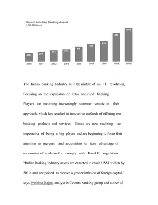 The Indian banking Industry is in the middle of an IT revolution,
Focusing on the expansion of retail and rural banking.
Players are becoming increasingly customer - centric in their
approach, which has resulted in innovative methods of offering new
banking products and services. Banks are now realizing the
importance of being a big player and are beginning to focus their
attention on mergers and acquisitions to take advantage of
economies of scale and/or comply with Basel II regulation.
“Indian banking industry assets are expected to reach US$1 trillion by
2010 and are poised to receive a greater infusion of foreign capital,”
says Prathima Rajan, analyst in Celent's banking group and author of
 