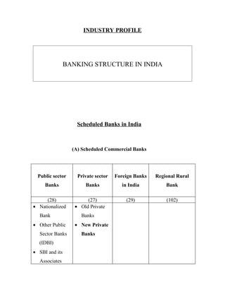 INDUSTRY PROFILE




                BANKING STRUCTURE IN INDIA




                    Scheduled Banks in India



                  (A) Scheduled Commercial Banks




  Public sector     Private sector   Foreign Banks   Regional Rural
     Banks             Banks            in India         Bank

     (28)               (27)              (29)           (102)
• Nationalized     • Old Private
  Bank               Banks
• Other Public     • New Private
  Sector Banks       Banks
  (IDBI)
• SBI and its
  Associates
 
