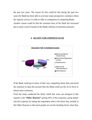 the past two years. The reason for this could be that during the past two
years the Bank has been able to convince many prospective customers about
the superior service it is able to offer in comparison to competing Banks.
Another reason could be that the customer base of the Bank has increased
due to sheer word of mouth of the Banks millions of satisfied customers.




                    ♣ REASON FOR CHOOSING BANK



                     REASON FOR CHOOSING BANK


                                                   Recommended by
                                                   Family/Friend
                                                   Brand Name/Reputation
                                       34%         of bank
          44%
                                                   Advertisement

                                                   Branch near
                                   0%6%
                           16%                     Office/Residence
                                                   Other Reasons




If the Bank could get to know of that very compelling factor that convinced
the customer to open the account then the Bank could use this in its favor to
attract more customers.
From the study conducted the factor which has come out strongest in this
regards is the “Other Reasons” getting 44% of the responses, going deeper
into this response by asking the respondent what is the factor they include in
this Other Reasons is that most people are not the deciding factor when they
 