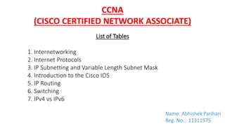 CCNA
(CISCO CERTIFIED NETWORK ASSOCIATE)
List of Tables
1. Internetworking
2. Internet Protocols
3. IP Subnetting and Variable Length Subnet Mask
4. Introduction to the Cisco IOS
5. IP Routing
6. Switching
7. IPv4 vs IPv6
Name: Abhishek Parihari
Reg. No. : 11311575
 