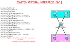 Switch(config)#vlan 10
Switch(config-vlan)#vlan 20
Switch(config-vlan)#exit
Switch(config)#interface range f0/1-02
Switch(...