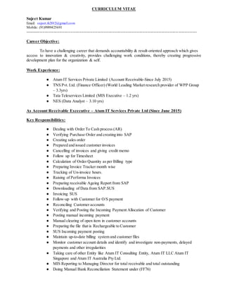 CURRICULUM VITAE
Sujeet Kumar
Email: sujeet.rk2012@gmail.com
Mobile: (91)9989425691
----------------------------------------------------------------------------------------------------------------------------- ---------------
Career Objective:
To have a challenging career that demands accountability & result-oriented approach which gives
access to innovation & creativity, provides challenging work conditions, thereby creating progressive
development plan for the organization & self.
Work Experience:
● Atum IT Services Private Limited (Account Receivable-Since July 2015)
● TNS Pvt. Ltd. (Finance Officer) (World Leading Market research provider of WPP Group
– 3.3yrs)
● Tata Teleservices Limited (MIS Executive – 1.2 yrs)
● NES (Data Analyst – 3.10 yrs)
As Account Receivable Excecutive – Atum IT Services Private Ltd (Since June 2015)
Key Responsibilities:
● Dealing with Order To Cash process (AR)
● Verifying Purchase Order and creating into SAP
● Creating sales order
● Prepared and issued customer invoices
● Cancelling of invoices and giving credit memo
● Follow up for Timesheet
● Calculation of Order Quantity as per Billing type
● Preparing Invoice Tracker month wise
● Tracking of Un-invoice hours.
● Raising of Performa Invoices
● Preparing receivable Ageing Report from SAP
● Downloading of Data from SAP.SUS
● Invoicing SUS
● Follow-up with Customer for O/S payment
● Reconciling Customer accounts
● Verifying and Posting the Incoming Payment Allocation of Customer
● Posting manual incoming payment
● Manual clearing of open item in customer accounts
● Preparing the file that is Rechargeable to Customer
● SUS Incoming payment posting
● Maintain up-to-date billing system and customer files
● Monitor customer account details and identify and investigate non-payments, delayed
payments and other irregularities
● Taking care of other Entity like Atum IT Consulting Entity, Atum IT LLC Atum IT
Singapore and Atum IT Australia Pty Ltd.
● MIS Reporting to Managing Director for total receivable and total outstanding
● Doing Manual Bank Reconciliation Statement under (FF76)
 