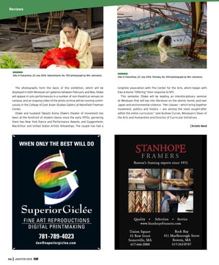 54 JAN/FEB 2015
The photographs form the basis of this exhibition, which will be
displayed in both Wesleyan art galleries between February and May. Otake
will appear in solo performances in a number of non-theatrical venues on
campus, and an ongoing video of the photo archive will be running contin-
uously in the College of East Asian Studies Gallery at Mansﬁeld Freeman
Center.
Otake and husband Takashi Koma Otake’s theater of movement has
been at the forefront of modern dance since the early 1970s, garnering
them two New York Dance and Performance Awards, and Guggenheim,
MacArthur and United States Artists fellowships. The couple has had a
longtime association with The Center for the Arts, which began with
Eiko & Koma “Offering” their response to 9/11.
This semester. Otake will be leading an interdisciplinary seminar
at Wesleyan that will tap into literature on the atomic bomb, post-war
Japan and environmental violence. “Her classes — which bring together
movement, politics and history — are among the most sought-after
within the entire curriculum,” said Andrew Curran, Wesleyan’s Dean of
the Arts and Humanities and Director of Curricular Initiatives.
Kristin Nord
Eiko in Fukushima, 23 July 2014, Yaburemachi, No. 753 (photograph by Wm Johnston).
Eiko in Fukushima, 22 July 2014, Tomioka, No. 1104 (photograph by Wm Johnston).
Reviews
 