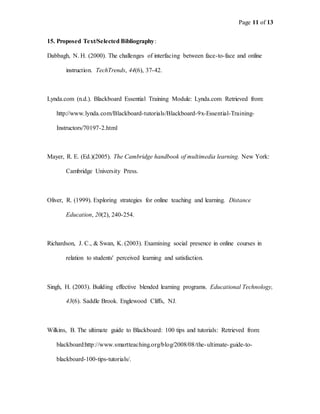 Page 11 of 13
15. Proposed Text/Selected Bibliography:
Dabbagh, N. H. (2000). The challenges of interfacing between face-to-face and online
instruction. TechTrends, 44(6), 37-42.
Lynda.com (n.d.). Blackboard Essential Training Module: Lynda.com Retrieved from:
http://www.lynda.com/Blackboard-tutorials/Blackboard-9x-Essential-Training-
Instructors/70197-2.html
Mayer, R. E. (Ed.)(2005). The Cambridge handbook of multimedia learning. New York:
Cambridge University Press.
Oliver, R. (1999). Exploring strategies for online teaching and learning. Distance
Education, 20(2), 240-254.
Richardson, J. C., & Swan, K. (2003). Examining social presence in online courses in
relation to students' perceived learning and satisfaction.
Singh, H. (2003). Building effective blended learning programs. Educational Technology,
43(6). Saddle Brook. Englewood Cliffs, NJ.
Wilkins, B. The ultimate guide to Blackboard: 100 tips and tutorials: Retrieved from:
blackboard:http://www.smartteaching.org/blog/2008/08/the-ultimate-guide-to-
blackboard-100-tips-tutorials/.
 