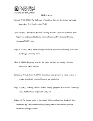 References
Dabbagh, N. H. (2000). The challenges of interfacing between face-to-face and online
instruction. TechTrends, 44(6), 37-42.
Lynda.com (n.d.). Blackboard Essential Training Module: Lynda.com Retrieved from:
http://www.lynda.com/Blackboard-tutorials/Blackboard-9x-Essential-Training-
Instructors/70197-2.html
Mayer, R. E. (Ed.)(2005). The Cambridge handbook of multimedia learning. New York:
Cambridge University Press.
Oliver, R. (1999). Exploring strategies for online teaching and learning. Distance
Education, 20(2), 240-254.
Richardson, J. C., & Swan, K. (2003). Examining social presence in online courses in
relation to students' perceived learning and satisfaction.
Singh, H. (2003). Building effective blended learning programs. Educational Technology,
43(6). Saddle Brook. Englewood Cliffs, NJ.
Wilkins, B. The ultimate guide to Blackboard: 100 tips and tutorials: Retrieved from:
blackboard:http://www.smartteaching.org/blog/2008/08/the-ultimate-guide-to-
blackboard-100-tips-tutorials/.
 