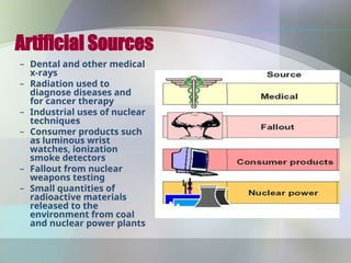 Artificial Sources
– Dental and other medical
x-rays
– Radiation used to
diagnose diseases and
for cancer therapy
– Industrial uses of nuclear
techniques
– Consumer products such
as luminous wrist
watches, ionization
smoke detectors
– Fallout from nuclear
weapons testing
– Small quantities of
radioactive materials
released to the
environment from coal
and nuclear power plants
 