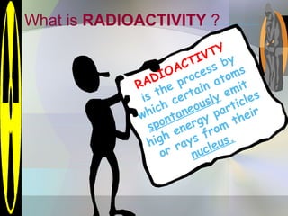 What is RADIOACTIVITY ?
RADIOACTIVTY
is the process by
which certain atoms
spontaneously emit
high energy particles
or rays from their
nucleus.
 
