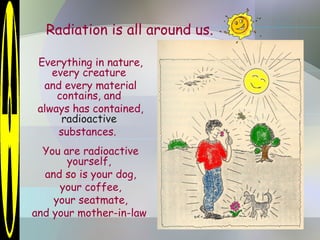 Everything in nature,
every creature
and every material
contains, and
always has contained,
radioactive
substances.
You are radioactive
yourself,
and so is your dog,
your coffee,
your seatmate,
and your mother-in-law.
Radiation is all around us.
 