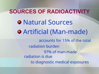 SOURCES OF RADIOACTIVITY
Natural Sources
Artificial (Man-made)
accounts for 15% of the total
radiation burden
97% of man-made
radiation is due
to diagnostic medical exposures
 
