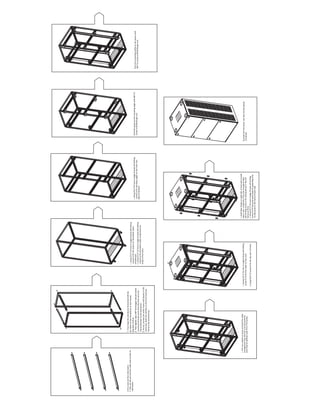 1.
First,
keep
the
side
beams
horizontal
with
the
pin
holes
on
the
frame(front
or
rear
frame),
attention
to
ﬂush
；
2.
Then
tighten
4pcs
M8*16
hexagon
lobular
socket
countersunk
head
screw
from
the
front
and
rear
frame
direction
to
the
side
beans
；
3.
At
last,
connect
the
other
frame
with
beams
in
the
same
way.
Note
the
notches
on
the
front
and
rear
frame
to
be
symmetrical
。
1.First,
take
out
four
side
beams
；
2.
Then
put
the
pin
into
the
under
hole
on
both
of
side
beams.
；
1.
Using
ST5.5*10
inner
6-angle
B-head
self-drilling
screws
to
ﬁx
the
castors
on
the
bottom
plate
components
2.
Using
ST5.5*10
inner
6-angle
B-head
self-drilling
screws
to
ﬁx
the
bottom
plate
components
on
inside
of
the
frame
1.
Using
ST5.5*10
inner
6-angle
B-head
self-drilling
screws
to
ﬁx
mounting
angles
on
the
inner
two
sides
of
skeleton
Fix
the
spacer
on
the
mounting
angle
with
M6*12
screws
and
M6
ﬂange
nuts
Fix
the
mounting
proﬁle
on
the
spacer
with
M6*12
screws
and
M6
ﬂange
nuts
1.
First
use
a
platen
to
press
and
hold
the
cable
management
ring,
then
ﬁx
it
on
the
posterior
inner-side
of
skeleton
with
ST5.5*10
screws
1.
1Using
ST5.5*10
inner
6-angle
B-head
self-drilling
screws
to
ﬁx
the
fan
plate
on
top
cover
2.
Using
M12*25
screw
to
ﬁx
the
top
over
on
frame
1.
nstall
door
hinges
on
right
side
in
front
and
on
both
side
in
rear,
Using
ST5.5*10
inner
6-angle
B-head
self-drilling
screws
to
ﬁx
locking
device
in
the
left
frame
on
front
2.
Using
ST5.5*10
inner
6-angle
B-head
self-drilling
screws
to
ﬁx
the
quick-open
plate
&
supporting
clod
of
side
panel
in
the
frame
of
both
side
Install
the
front
door,
rear
door
&
side
panels.
(
Finished)
 