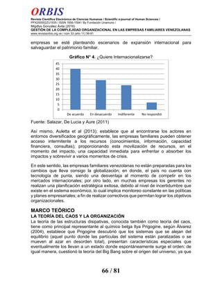 ORBIS
Revista Científica Electrónica de Ciencias Humanas / Scientific e-journal of Human Sciences /
PPX200502ZU1935 / ISSN 1856-1594 / By Fundación Unamuno /
Migdlys González Ávila (2016)
GESTIÓN DE LA COMPLEJIDAD ORGANIZACIONAL EN LAS EMPRESAS FAMILIARES VENEZOLANAS
www.revistaorbis.org.ve / núm 33 (año 11) 56-81
66 / 81
empresas se esté planteando escenarios de expansión internacional para
salvaguardar el patrimonio familiar.
Gráfico N° 4. ¿Quiere Internacionalizarse?
Fuente: Salazar, De Lucia y Aure (2011)
Así mismo, Auletta et al (2013); establece que al encontrarse los actores en
entornos diversificados geográficamente, las empresas familiares pueden obtener
acceso intermitente a los recursos (conocimientos, información, capacidad
financiera, consultas); proporcionando esta movilización de recursos, en el
momento del impacto, una capacidad inmediata para enfrentar o absorber los
impactos y sobrevivir a varios momentos de crisis.
En este sentido, las empresas familiares venezolanas no están preparadas para los
cambios que lleva consigo la globalización; en donde, el país no cuenta con
tecnología de punta, siendo una desventaja al momento de competir en los
mercados internacionales; por otro lado, en muchas empresas los gerentes no
realizan una planificación estratégica exitosa, debido al nivel de incertidumbre que
existe en el sistema económico, lo cual implica monitoreo constante en las políticas
y planes empresariales; a fin de realizar correctivos que permitan lograr los objetivos
organizacionales.
MARCO TEÓRICO
LA TEORÍA DEL CAOS Y LA ORGANIZACIÓN
La teoría de las estructuras disipativas, conocida también como teoría del caos,
tiene como principal representante al químico belga Ilya Prigogine, según Álvarez
(2004), establece que Prigogine descubrió que los sistemas que se alejan del
equilibrio (aquel punto donde las partículas del sistema están paralizadas o se
mueven al azar en desorden total), presentan características especiales que
eventualmente los llevan a un estado donde espontáneamente surge el orden; de
igual manera, cuestionó la teoría del Big Bang sobre el origen del universo, ya que
0
5
10
15
20
25
30
35
40
45
De acuerdo En desacuerdo Indiferente No respondió
 