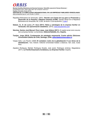 ORBIS
Revista Científica Electrónica de Ciencias Humanas / Scientific e-journal of Human Sciences /
PPX200502ZU1935 / ISSN 1856-1594 / By Fundación Unamuno /
Migdlys González Ávila (2016)
GESTIÓN DE LA COMPLEJIDAD ORGANIZACIONAL EN LAS EMPRESAS FAMILIARES VENEZOLANAS
www.revistaorbis.org.ve / núm 33 (año 11) 56-81
81 / 81
República Bolivariana de Venezuela. (2001). Decreto con Fuerza de Ley para La Promoción y
Desarrollo de la Pequeña y Mediana Industria (PYMI). Gaceta Oficial de la República
Bolivariana de Venezuela, No. 5.552, de fecha 12 de Noviembre. [ Links ]
Salazar, G., D. de Lucia y P. Aure (2011): Retos y estrategias de la empresa familiar en
Venezuela. Una aproximación estadística. (2010). www.exaudionline.com
Sánchez, Santos José Manuel; Pena López, José Atilano (2011). El capital social como recurso
de la empresa familiar: La familiness. Editorial Netbiblo, S.L. España.
Tarzijan, Jorge (2014). Fundamentos de estrategia empresarial. Cuarta edición Ediciones
Universidad Catòlica de Chile, Santiago, Chile. editorialedicionesuc@uc.cl
Vargas Solis, Luis Paulino (2008) El verdadero rostro de la globalización II Los Amos de la
Globalizaciòn. 1era. Edición. Editorial Universidad Estatal a distancia. San Josè, Costa
Rica.
Zapatero Rodriguez, Maribel; Rodriguez Alcaide, Josè Javier; Rodriguez Jimènez, Magadalena
(2011). La Familia Empresaria Cordobesa y su Empresa Familiar. España.
 
