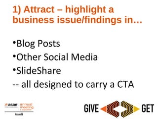 1) Attract – highlight a
business issue/findings in…
•Blog Posts
•Other Social Media
•SlideShare
-- all designed to carry a CTA
 