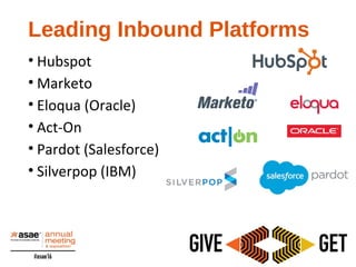 Leading Inbound Platforms
• Hubspot
• Marketo
• Eloqua (Oracle)
• Act-On
• Pardot (Salesforce)
• Silverpop (IBM)
 