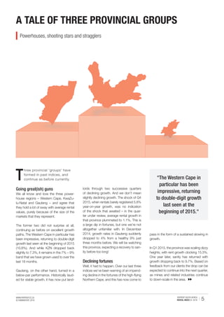 WWW.PAYPROP.CO.ZA
© HUMANSTATE 2016 5PAYPROP SOUTH AFRICA
RENTAL INDEX Q1 2016
Going great(ish) guns
We all know and love the three power-
house regions – Western Cape, KwaZu-
lu-Natal and Gauteng – and agree that
they hold a lot of sway with average rental
values, purely because of the size of the
markets that they represent.
The former two did not surprise at all,
continuing as before on excellent growth
paths. The Western Cape in particular has
been impressive, returning to double-digit
growth last seen at the beginning of 2015
(10.8%). And while KZN dropped back
slightly to 7.3%, it remains in the 7% – 9%
band that we have grown used to over the
last 18 months.
Gauteng, on the other hand, turned in a
below-par performance. Historically laud-
ed for stable growth, it has now put land-
A TALE OF THREE PROVINCIAL GROUPS
"The Western Cape in
particular has been
impressive, returning
to double-digit growth
last seen at the
beginning of 2015."
T
hree provincial 'groups' have
formed in past indices, and
continue as before currently.
lords through two successive quarters
of declining growth. And we don’t mean
slightly declining growth. The shock of Q4
2015, when rentals barely registered 5.8%
year-on-year growth, was no indication
of the shock that awaited – in the quar-
ter under review, average rental growth in
that province plummeted to 1.1%. This is
a large dip in fortunes, but one we’re not
altogether unfamiliar with. In December
2014, growth rates in Gauteng suddenly
dropped to 4% from a healthy 9% just
three months before. We will be watching
this province, expecting a recovery to san-
ity before too long!
Declining fortunes
Well, it had to happen. Over our last three
indices we’ve been warning of an impend-
ing decline in the fortunes of the high-flying
Northern Cape, and this has now come to
Powerhouses, shooting stars and stragglers
pass in the form of a sustained slowing in
growth.
In Q1 2015, the province was scaling dizzy
heights, with rent growth clocking 15.3%.
One year later, sanity has returned with
growth dropping back to 9.7%. Based on
feedback from our clients the drop can be
expected to continue into the next quarter,
as mines and related industries continue
to down-scale in the area.
 