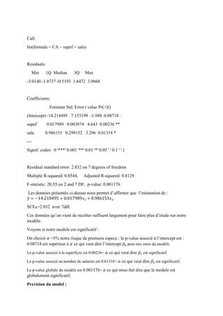 Call:
lm(formula = CA ~ supef + sala)
Residuals:
Min 1Q Median 3Q Max
-3.0140 -1.8737 -0.5193 1.6472 3.9668
Coefficients:
Estimate Std. Error t value Pr(>|t|)
(Intercept) -14.218495 7.153199 -1.988 0.08718 .
supef 0.017989 0.003874 4.643 0.00236 **
sala 0.986153 0.299152 3.296 0.01318 *
---
Signif. codes: 0 '***' 0.001 '**' 0.01 '*' 0.05 '.' 0.1 ' ' 1
Residual standard error: 2.832 on 7 degrees of freedom
Multiple R-squared: 0.8544, Adjusted R-squared: 0.8129
F-statistic: 20.55 on 2 and 7 DF, p-value: 0.001176
Les données présentés ci-dessus nous permet d’affirmer que l’estimation de :
𝑦̂ = −14.218495 + 0.017989 𝑥1 + 0.986153 𝑥2.
SCER=2.832 avec 7ddl.
Ces données qu’on vient de recolter suffisent largement pour faire plus d’etude sur notre
modèle.
Voyons si notre modele est significatif :
On choisit 𝛼 =5% notre risque de premiere espece : le p-value associé à l’intercept est :
0.08718 est supérieur à 𝛼 ce qui veut dire l’intercept 𝛽0 peut etre omis du modèle.
Le p-value associé à la superficie est 0.00236< 𝛼 ce qui veut dire 𝛽1 est significatif.
Le p-value associé au nombre de salariés est 0.01318< 𝛼 ce qui veut dire 𝛽2 est significatif.
Le p-value globale du modèle est 0.001176< 𝛼 ce qui nous fait dire que le modele est
globalement significatif.
Prevision du model :
 