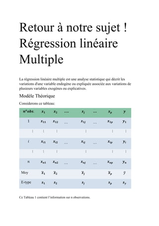 Retour à notre sujet !
Régression linéaire
Multiple
La régression linéaire multiple est une analyse statistique qui décrit les
variations d'une variable endogène ou expliquée associée aux variations de
plusieurs variables exogènes ou explicatives.
Modèle Théorique
Considerons ce tableau:
𝒏 𝒐
𝒐𝒃𝒔. 𝒙 𝟏 𝒙 𝟐 …. 𝒙𝒋 … 𝒙 𝒑 𝒚
1 𝒙 𝟏𝟏 𝒙 𝟏𝟐 … 𝒙 𝟏𝒋 … 𝒙 𝟏𝒑 𝒚 𝟏
...
...
...
...
...
...
𝑖 𝒙𝒊𝟏 𝒙𝒊𝟐 … 𝒙𝒊𝒋 … 𝒙𝒊𝒑 𝒚𝒊
...
...
...
...
...
...
𝑛 𝒙 𝒏𝟏 𝒙 𝒏𝟐 … 𝒙 𝒏𝒋 … 𝒙 𝒏𝒑 𝒚 𝒏
Moy 𝒙̅ 𝟏 𝒙̅ 𝟐 𝒙̅𝒋 𝒙̅ 𝒑 𝑦̅
E-type 𝒔 𝟏 𝒔 𝟐 𝒔𝒋 𝒔 𝒑 𝒔 𝒚
Ce Tableau 1 contient l’information sur n observations.
 