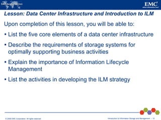 © 2009 EMC Corporation. All rights reserved. Introduction to Information Storage and Management - 12
Lesson: Data Center Infrastructure and Introduction to ILM
Upon completion of this lesson, you will be able to:
 List the five core elements of a data center infrastructure
 Describe the requirements of storage systems for
optimally supporting business activities
 Explain the importance of Information Lifecycle
Management
 List the activities in developing the ILM strategy
 