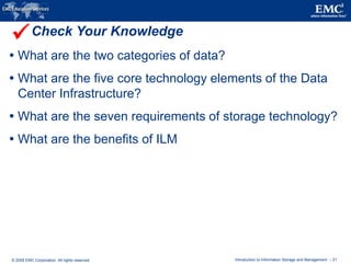 © 2009 EMC Corporation. All rights reserved. Introduction to Information Storage and Management - 21
Check Your Knowledge
 What are the two categories of data?
 What are the five core technology elements of the Data
Center Infrastructure?
 What are the seven requirements of storage technology?
 What are the benefits of ILM

 