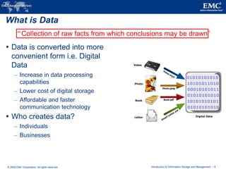 © 2009 EMC Corporation. All rights reserved. Introduction to Information Storage and Management - 5
What is Data
 Data is converted into more
convenient form i.e. Digital
Data
– Increase in data processing
capabilities
– Lower cost of digital storage
– Affordable and faster
communication technology
 Who creates data?
– Individuals
– Businesses
“Collection of raw facts from which conclusions may be drawn”
01010101010
10101011010
00010101011
01010101010
10101010101
01010101010
Video
Photo
Book
Letter Digital Data
 