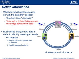 © 2009 EMC Corporation. All rights reserved. Introduction to Information Storage and Management - 7
Define Information
 What do individuals/businesses
do with the data they collect?
– They turn it into “information”
– “Information is the intelligence and
knowledge derived from data”
 Businesses analyze raw data in
order to identify meaningful trends
– For example:
 Buying habits and patterns of
customers
 Health history of patients
Users of
Information
Centralized information
storage and processing
Uploading
information
Accessing
information
Wired Wireless Wired
Wireless
Network Network
Demand for more
Information
Creators of
information
Virtuous cycle of information
 