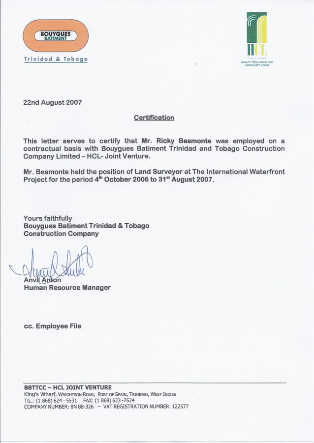 Employment Certification BOUYGUES PDF