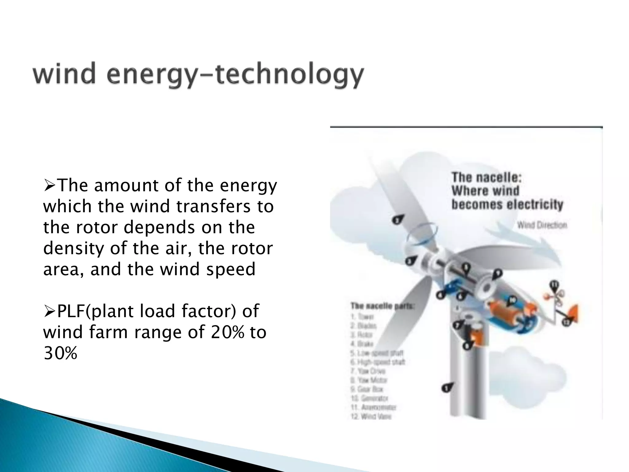 The amount of the energy
which the wind transfers to
the rotor depends on the
density of the air, the rotor
area, and the wind speed
PLF(plant load factor) of
wind farm range of 20% to
30%
 