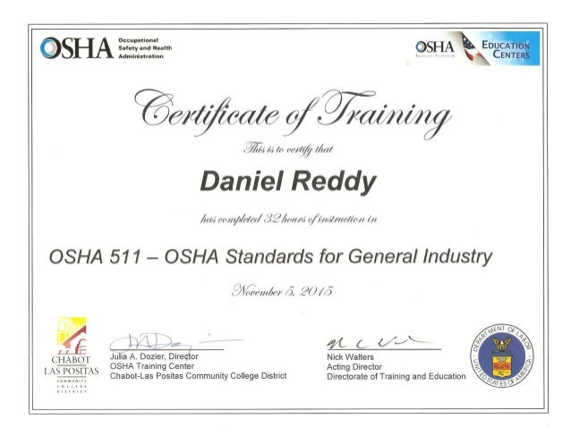 Cert - OSHA 511 Standards for General Industry (32 hrs)